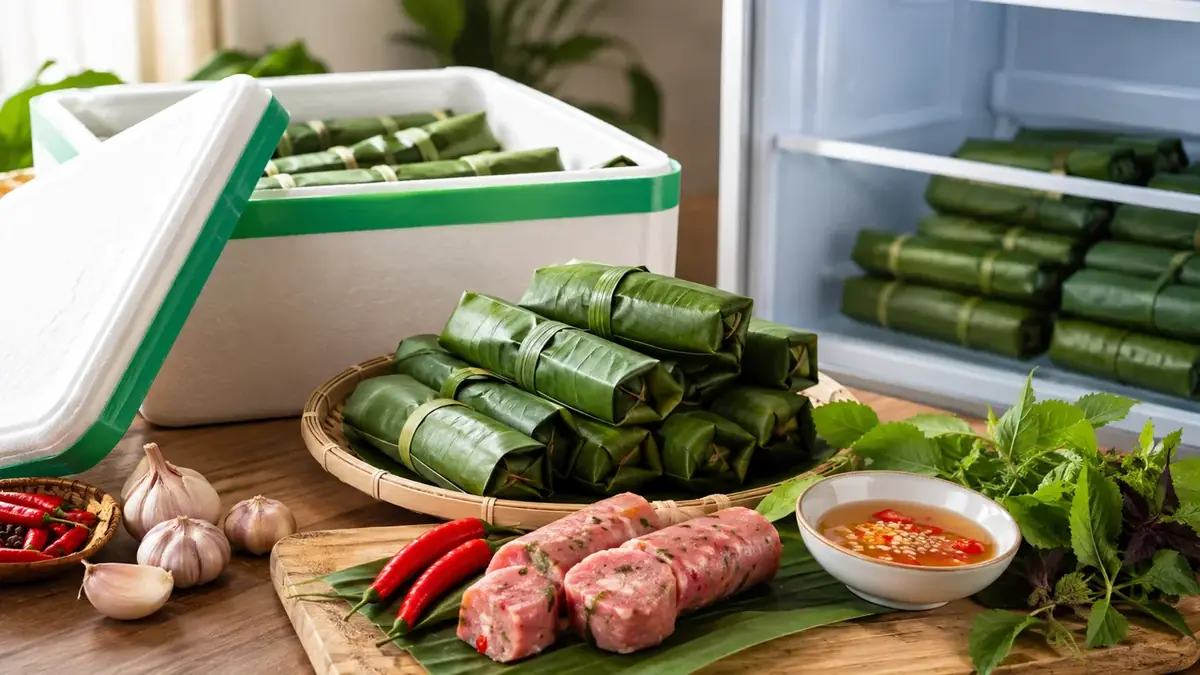Nem chua Thanh Hóa trong thùng giữ nhiệt và ngăn mát để bảo quản đúng cách