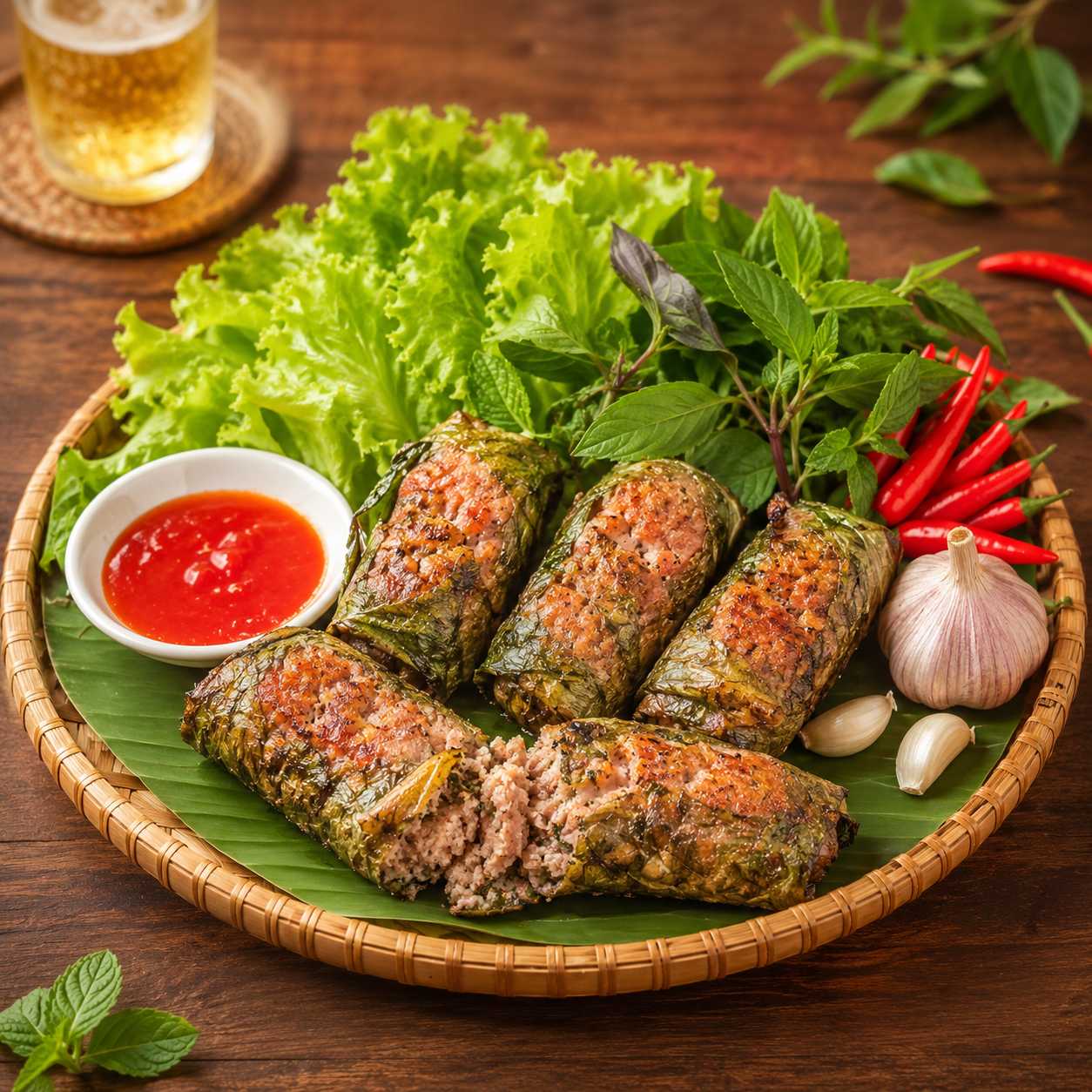 Nem nướng ăn cùng rau thơm