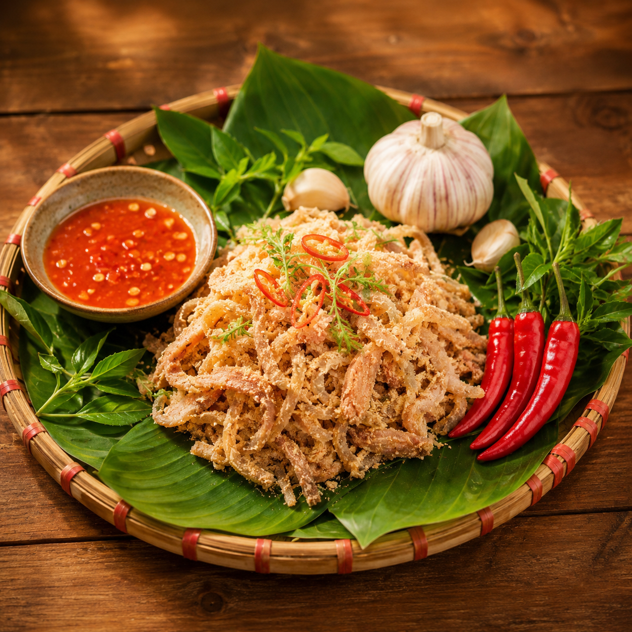 Nem thính bày trên mẹt tre