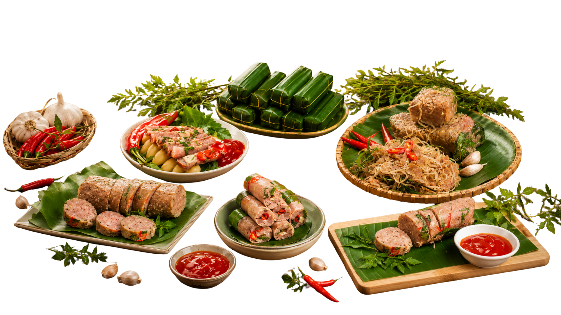 Mâm nem chua Thanh Hoá tách nền với lá chuối, ớt và tỏi