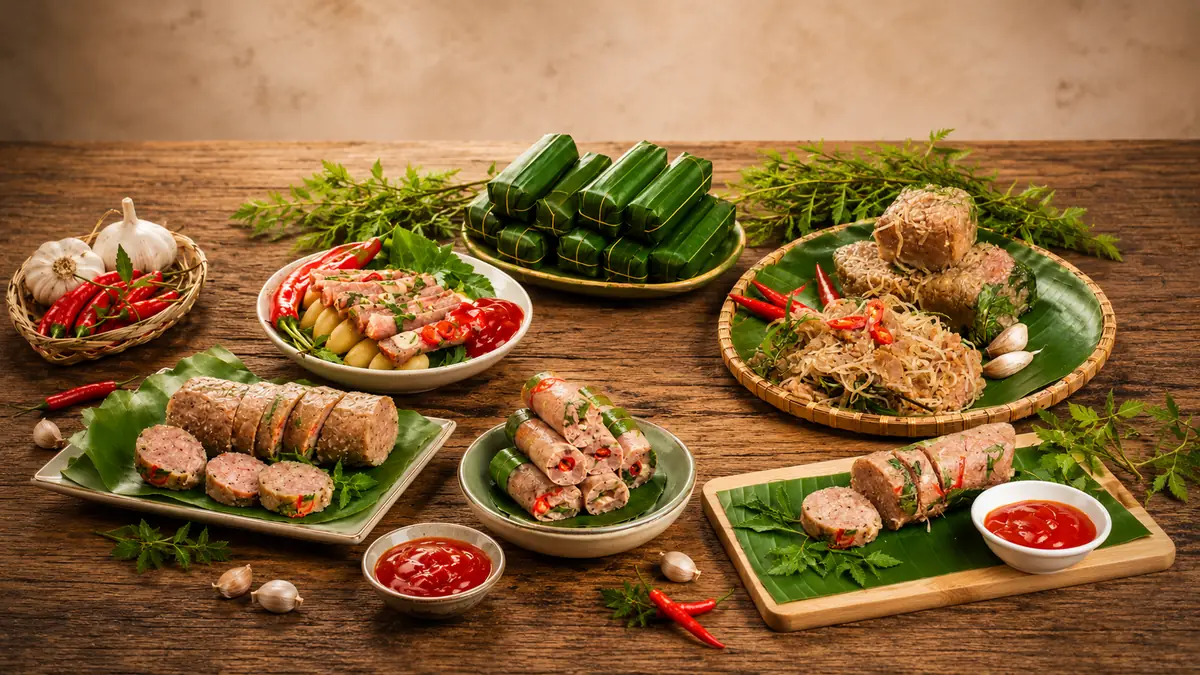 Nem Thanh Hóa trong mâm cỗ với nhiều món nem rau thơm và nước chấm