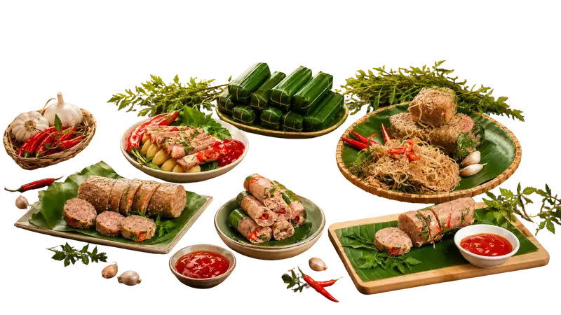 Mâm sản phẩm Nem Xứ Thanh gồm nhiều loại nem