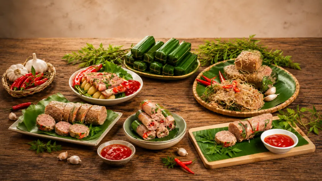 Mâm nem Xứ Thanh với nhiều dòng nem cho bữa ăn sum họp.